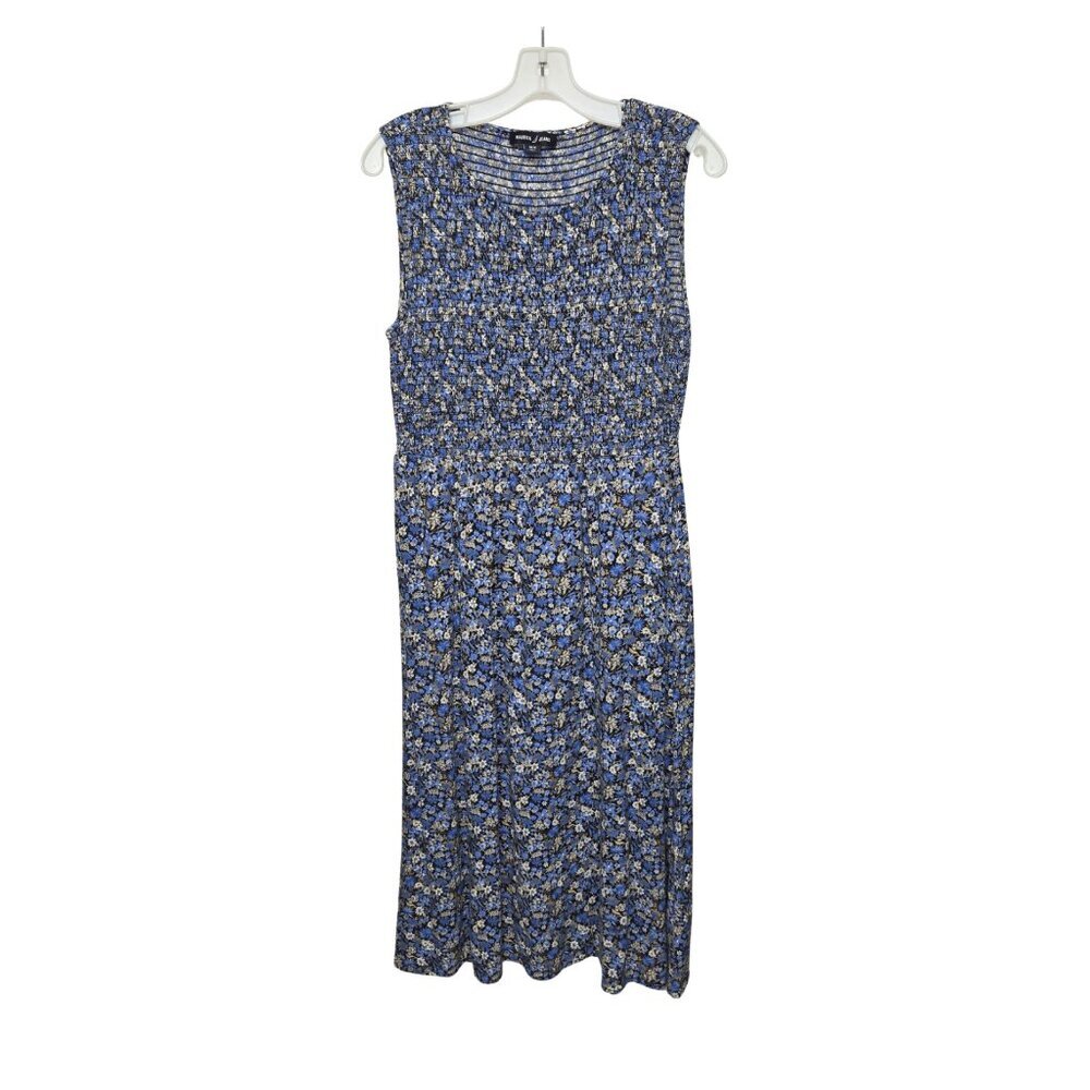 Nautica Jeans Blue Floral Smocked Midi Dress Pockets Sleeveless Boho Size M